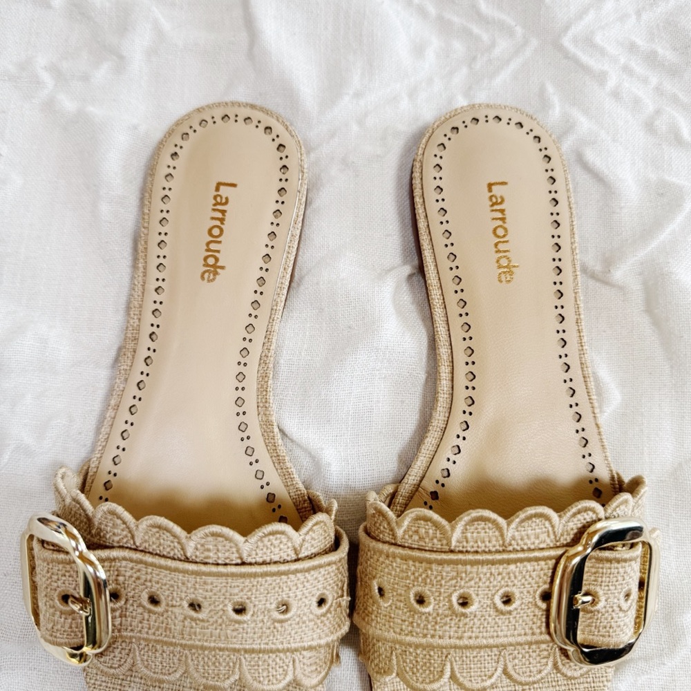 Larroudé Ivy Broderie Flat Sandal In Beige Raffia Size 6 New - Picture 4 of 11